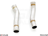 Mercedes-Benz C190 AMG GTS Coupe/Convertible 2015+ downpipe for secondary cat-delete, featuring polished stainless steel construction.