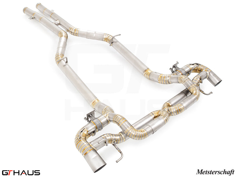 Premium performance exhaust system for Mercedes-Benz C190 AMG GTS Coupe and Convertible, featuring stainless steel construction.