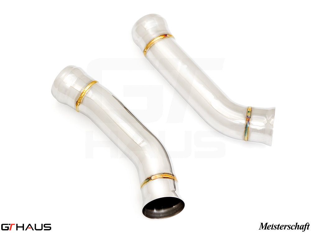 Mercedes-Benz C205 C-Coupe 2015-2018 down pipe with secondary cat-delete, featuring polished stainless steel construction.