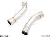 Mercedes-Benz C205 C-Coupe 2015-2018 down pipe with secondary cat-delete, featuring polished stainless steel construction.