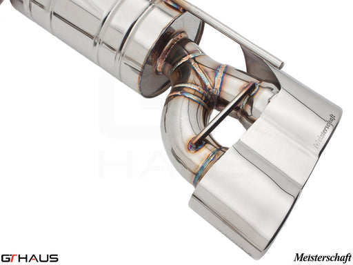 Premium stainless steel exhaust system for 2007-2012 Mercedes-Benz R230 SL550, featuring Meisterschaft craftsmanship.