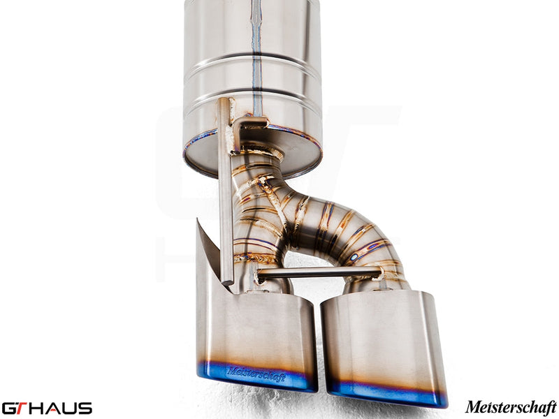 Premium stainless steel exhaust system for Mercedes-Benz R230 SL55 AMG, featuring dual tips and precision welds.