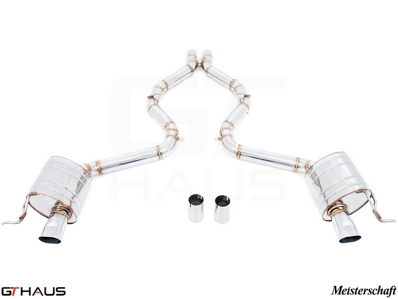 Premium exhaust system for Mercedes-Benz R231 SL63 AMG V8, featuring polished stainless steel and dual tips for enhanced performance.