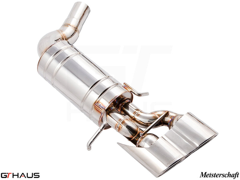 Premium exhaust system for Mercedes-Benz W204 C63 AMG V8 Black Series, featuring polished stainless steel and performance design.