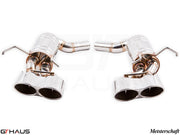 Premium exhaust system for Mercedes-Benz W204 C63 AMG V8 Black Series, featuring polished stainless steel and quad tips.