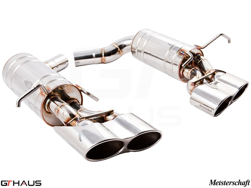 Premium Meisterschaft exhaust system for Mercedes-Benz W204 C63 AMG V8 Black Series, featuring polished dual tips.
