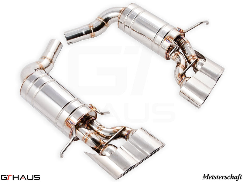 Premium Meisterschaft exhaust system for Mercedes-Benz W204 C63 AMG V8 Black Series, featuring polished stainless steel design.
