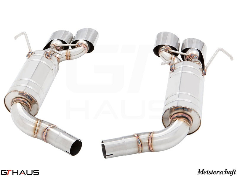 Premium exhaust system for Mercedes-Benz W204 C63 AMG V8 Coupe, featuring polished stainless steel construction and dual tips.
