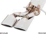 Premium Meisterschaft exhaust system for Mercedes-Benz W204 C63 AMG V8 Coupe, showcasing polished dual tips and stainless steel craftsmanship.