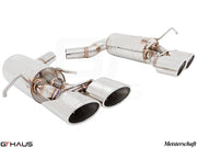 Premium exhaust system for Mercedes-Benz W204 C63 AMG V8 Coupe, featuring polished stainless steel and quad tips.