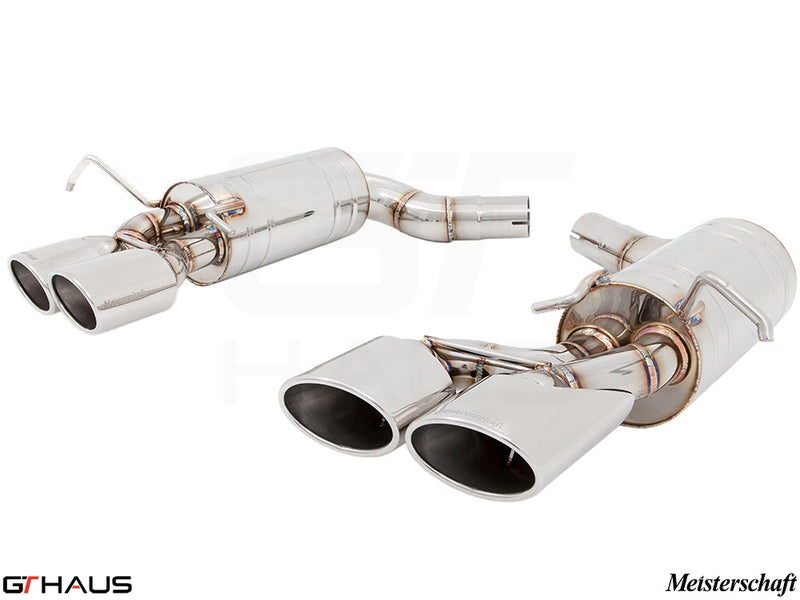 Premium exhaust system for Mercedes-Benz W204 C63 AMG V8 Coupe, featuring polished stainless steel and quad tips.