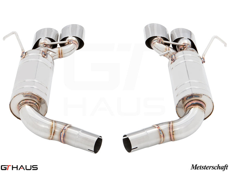 Premium exhaust system for Mercedes-Benz W204 C63 AMG V8, featuring polished stainless steel construction and dual tips.