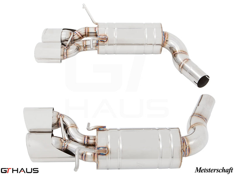 Premium performance exhaust system for Mercedes-Benz W204 C63 AMG V8 Sedan, featuring stainless steel construction and dual tips.