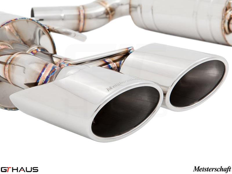Premium Meisterschaft exhaust tips for Mercedes-Benz W204 C63 AMG V8, showcasing polished stainless steel design.