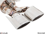 Premium stainless steel exhaust tips for Mercedes-Benz W204 C63 AMG, featuring Meisterschaft branding and polished finish.