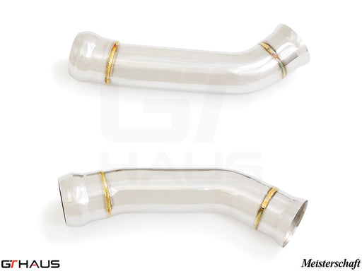 Mercedes-Benz W205 C-Sedan 2015-2021 down pipe with secondary cat-delete, featuring polished stainless steel construction.