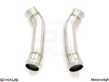 Mercedes-Benz W205 C-Sedan 2015-2021 down pipe featuring a secondary cat-delete design in polished stainless steel.