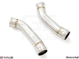 Mercedes-Benz W205 C-Sedan 2015-2021 down pipe featuring a secondary cat-delete design for enhanced performance.