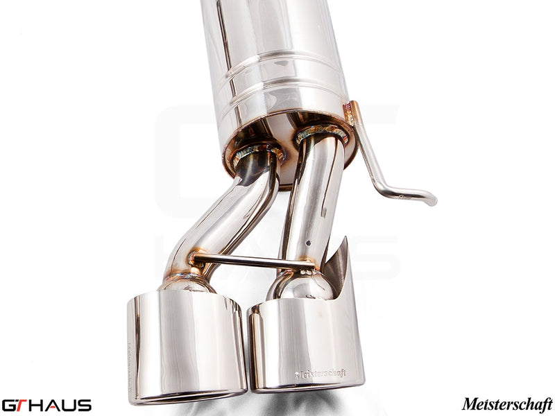 Premium exhaust system for Mercedes-Benz W211 E-Class E320/E350 V6 models, showcasing polished dual tips and quality craftsmanship.