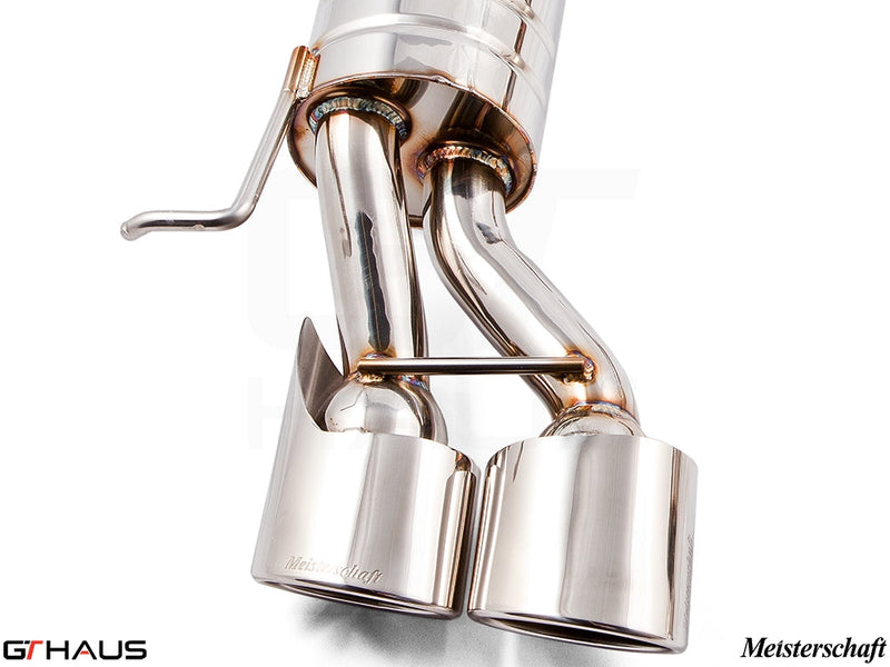 Premium exhaust system for Mercedes-Benz W211 E-Class E320/E350 V6 models, showcasing polished dual tips and stainless steel construction.
