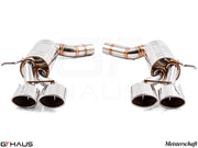 Premium exhaust system for Mercedes-Benz W211 E-Class E320/E350 V6 models, featuring polished stainless steel tips.