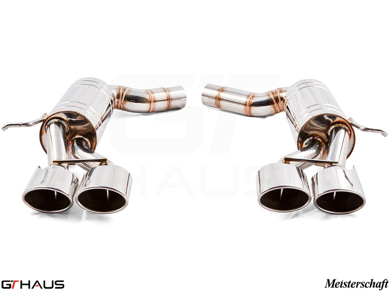 Premium exhaust system for Mercedes-Benz W211 E-Class E320/E350 V6 models, featuring polished stainless steel tips.