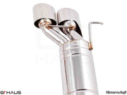 Premium exhaust system for Mercedes-Benz W211 E-Class E320/E350 V6 models, featuring polished stainless steel construction.