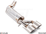 Premium Meisterschaft exhaust system for Mercedes-Benz W211 E-Class E320/E350 V6 models, featuring polished stainless steel and dual tips.