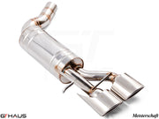 Premium Meisterschaft exhaust system for Mercedes-Benz W211 E-Class E320/E350 V6 models, featuring polished stainless steel and dual tips.