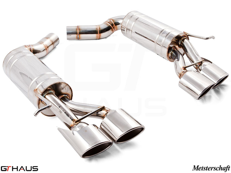 Premium exhaust system for Mercedes-Benz W211 E-Class E320/E350 V6 models, featuring dual polished tips and stainless steel construction.