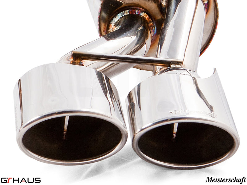 Premium stainless steel exhaust tips for Mercedes-Benz W211 E-Class E320/E350 models, showcasing polished finish and dual outlets.