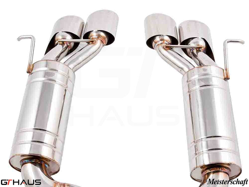 Premium exhaust system for Mercedes-Benz W211 E-Class E320/E350 V6 models, featuring polished stainless steel construction.