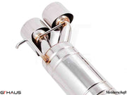 Premium exhaust system for Mercedes-Benz W211 E-Class E320/E350 V6 models, showcasing polished stainless steel design.