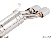 Premium stainless steel exhaust system for Mercedes-Benz W211 E-Class E320/E350 V6 models, showcasing dual tips and craftsmanship.