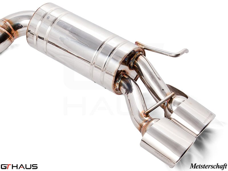 Premium exhaust system for Mercedes-Benz W211 E-Class E500/E550 V8 models, featuring polished stainless steel and dual tips.