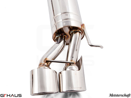 Premium exhaust system for Mercedes-Benz W211 E-Class E55 AMG, featuring dual polished tips and high-quality stainless steel.