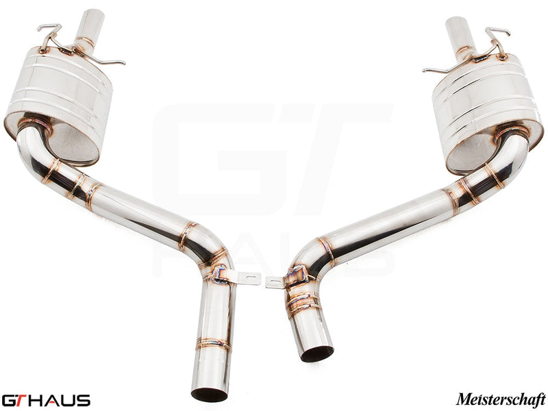 Premium performance exhaust system for Mercedes-Benz W212 E-Class E350/E400 models, featuring stainless steel construction and dual tips.