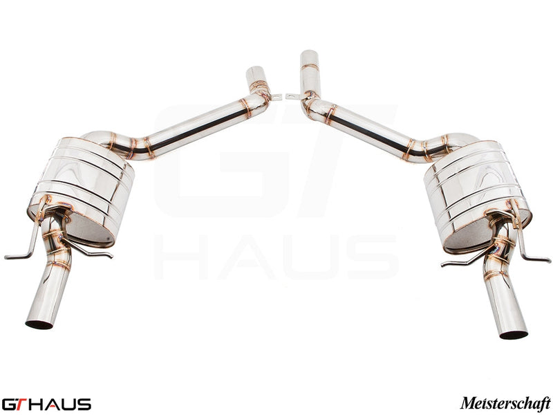 Premium exhaust system for Mercedes-Benz W212 E-Class E550 V8 models, featuring polished stainless steel construction.