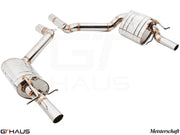 Premium exhaust system for Mercedes-Benz W212 E-Class E550 V8 models, featuring polished stainless steel construction.