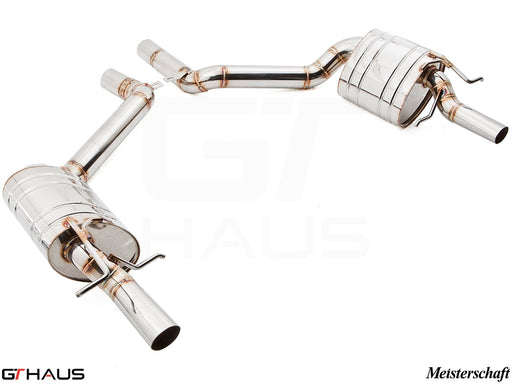 Premium exhaust system for Mercedes-Benz W212 E-Class E550 V8 models, featuring polished stainless steel construction.