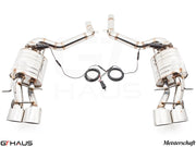Premium exhaust system for Mercedes-Benz W212 E-Class E63 AMG V8, featuring polished stainless steel construction and electronic valve control.