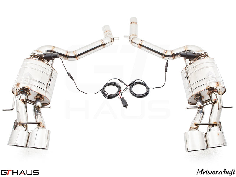 Premium exhaust system for Mercedes-Benz W212 E-Class E63 AMG V8, featuring polished stainless steel construction and electronic valve control.