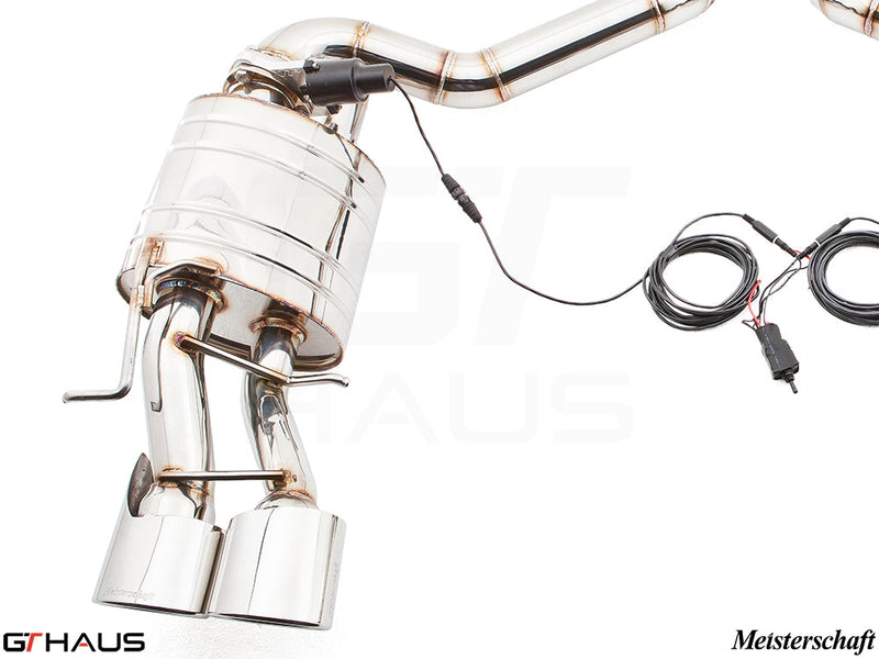 Premium exhaust system for Mercedes-Benz W212 E-Class E63 AMG V8, featuring polished stainless steel and electronic valve control.