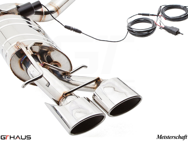 Premium performance exhaust system for Mercedes-Benz W212 E-Class E63 AMG V8, featuring dual polished tips and electronic valve control.