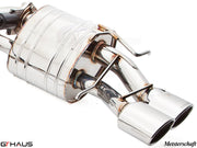 Premium exhaust system for Mercedes-Benz W212 E-Class E63 AMG V8, featuring polished dual tips and high-quality craftsmanship.