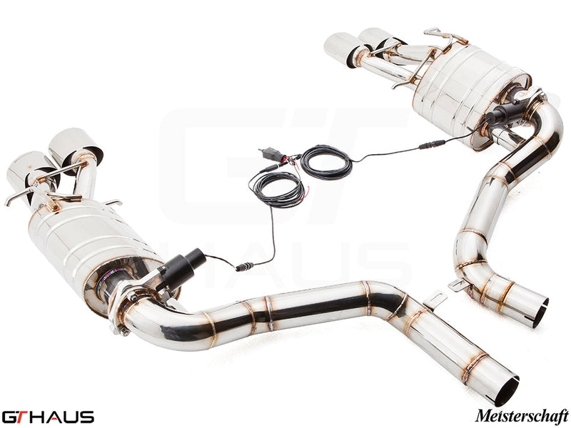 Premium performance exhaust system for Mercedes-Benz W212 E-Class E63 AMG V8, featuring stainless steel construction and electronic valve control.