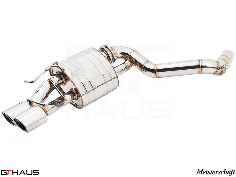 Premium performance exhaust system for Mercedes-Benz W212 E-Class E63 AMG V8, featuring polished stainless steel and dual tips.