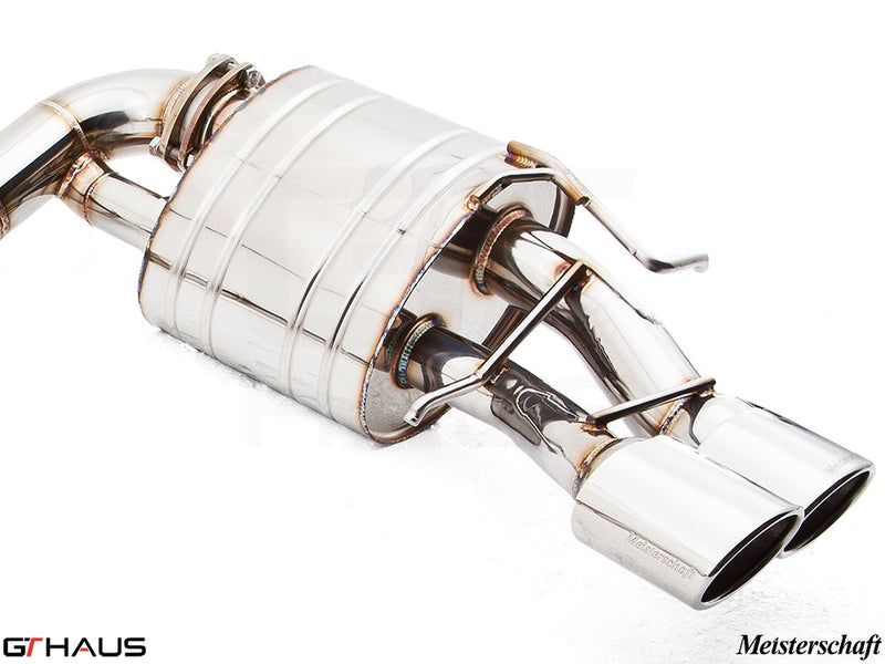 Premium stainless steel exhaust system for Mercedes-Benz W212 E-Class E63 AMG V8, featuring dual polished tips.