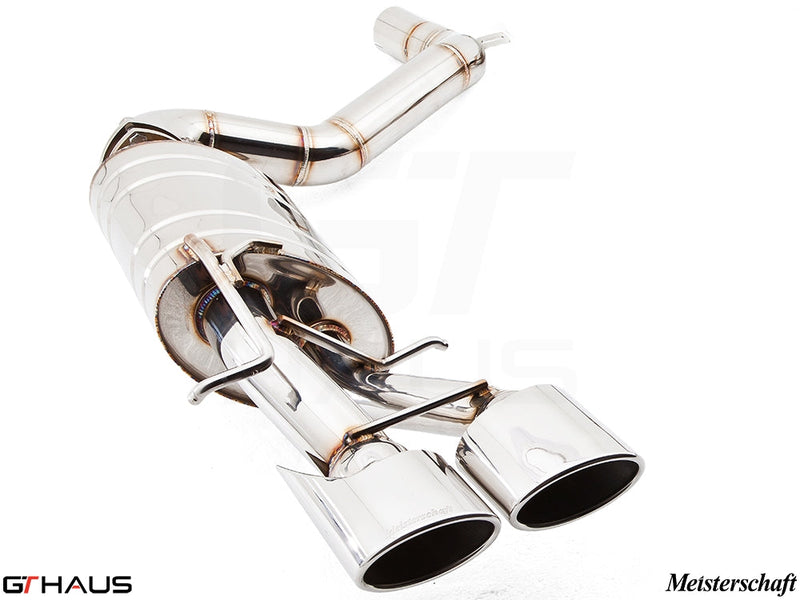 Premium exhaust system for Mercedes-Benz W212 E-Class E63 AMG V8, featuring polished stainless steel and dual tips.