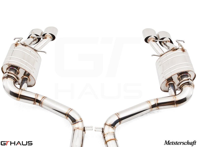 Premium stainless steel exhaust system for Mercedes-Benz W212 E-Class E63 AMG V8, featuring dual tips and precision design.